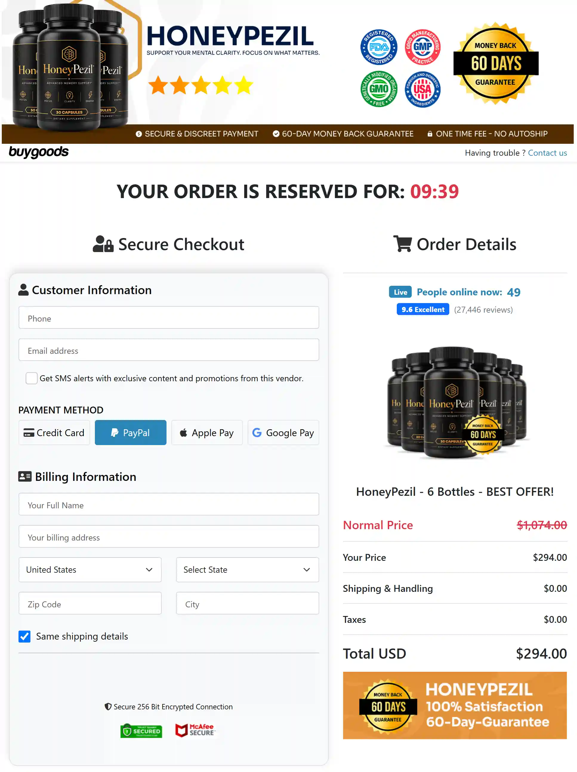 HoneyPezil™ checkout page